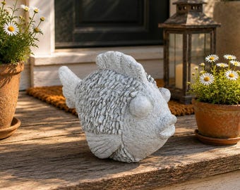Lawn Fish Design Stone Fish Sculpture Yard Fish Ornament Garden Animal Decoration Home Fish Figurine Concrete Fish Art Puffer Fish