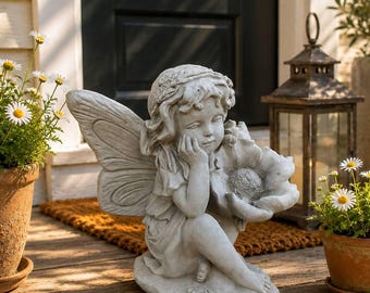 Little Pixie Statue Fairy With Flower Beton Pixie Ornament Garden Fairy Decoration Outdoor Fantasy Art Concrete Pixie Girl Yard Fairy