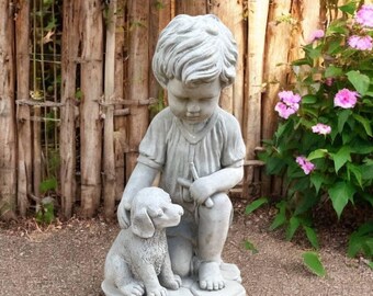 Boy With Puppy Lawn Boy Figurine Backyard Kids Ornament Stone Boy Decoration Little Boy Sculpture Outside Children Art Home Kids