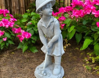Concrete Golfer with Club Statue Massive Girl Sculpture Golf Player Garden Figure Standing Kid Decoration Lawn Ornament Golf Lovers Gift