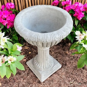 May include: A gray, ornate garden planter with a wide, fluted rim and a pedestal base. The planter is surrounded by vibrant pink and white flowers and green foliage, creating a natural, outdoor setting.