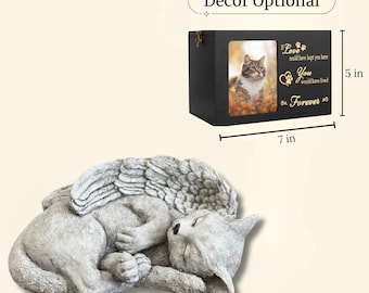 Concrete Cat Memorial Figure Laying Kitty Sculpture Outdoor Statuary Pet Stone Statue Wooden Box for Ashes Personalized Urn Sympathy Gift
