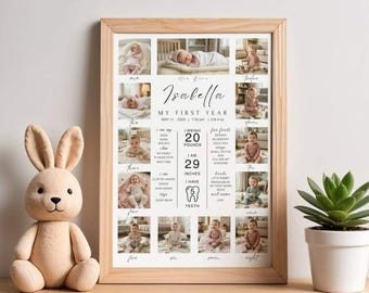 Erster Geburtstag Foto-Collage Vorlage, Minimalistisches Baby Meilenstein Poster (Digitaler Download Leinwand)