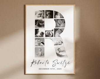 Personalisierte Buchstabe R Fotocollage, Minimalistisches Baby-Andenken (Digitaler Download)