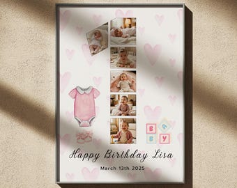Baby Mädchen 1. Geburtstag Foto-Collage Poster, Aquarell Herzen (Digitaler Download Leinwand)