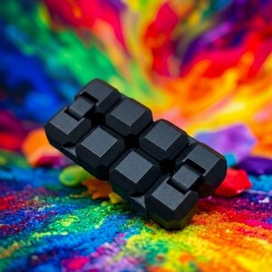 Puede incluir: Un juguete antiestr&eacute;s negro compuesto por ocho cubos interconectados con acabado mate, dispuestos en un bloque rectangular. El objeto presenta un dise&ntilde;o segmentado con bisagras visibles entre cada cubo, lo que permite plegarlo y manipularlo.