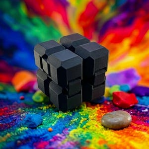 Puede incluir: Un cubo infinito negro mate, juguete antiestr&eacute;s compuesto por ocho cubos peque&ntilde;os conectados con bordes biselados. El objeto presenta un dise&ntilde;o modular que permite plegarlo y desplegarlo, presentado sobre un fondo vibrante y multicolor.