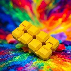 Puede incluir: Un juguete antiestr&eacute;s rectangular de color amarillo brillante, compuesto por m&uacute;ltiples segmentos articulados en forma de bloque con bordes biselados. El objeto tiene un acabado mate y est&aacute; colocado en &aacute;ngulo.