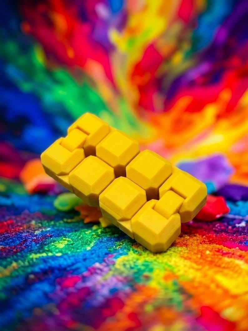 Puede incluir: Un juguete antiestr&eacute;s rectangular de color amarillo brillante, compuesto por m&uacute;ltiples segmentos articulados en forma de bloque con bordes biselados. El objeto tiene un acabado mate y est&aacute; colocado en &aacute;ngulo.