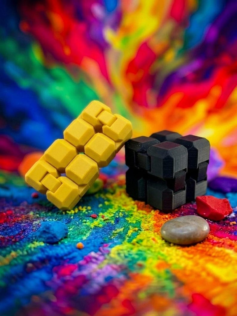 Puede incluir: Un juguete antiestr&eacute;s rectangular de color amarillo y un juguete antiestr&eacute;s en forma de cubo de color negro. Ambos art&iacute;culos presentan un dise&ntilde;o segmentado con m&uacute;ltiples bisagras y superficies mate, mostrando su construcci&oacute;n modular.