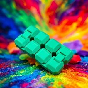Puede incluir: Un juguete antiestr&eacute;s de color verde brillante construido a partir de una serie de bloques de pl&aacute;stico octogonales, lisos e interconectados. El objeto presenta un dise&ntilde;o modular que permite el plegado y la manipulaci&oacute;n, con un color verde mate s&oacute;lido y vibrante.