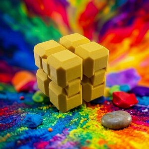 Puede incluir: Un cubo de manipulaci&oacute;n amarillo compuesto por ocho bloques c&uacute;bicos m&aacute;s peque&ntilde;os interconectados con bordes biselados. El objeto presenta una superficie mate y texturizada, y est&aacute; construido con una serie de bisagras que permiten plegarlo.