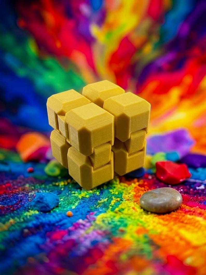 Puede incluir: Un cubo de manipulaci&oacute;n amarillo compuesto por ocho bloques c&uacute;bicos m&aacute;s peque&ntilde;os interconectados con bordes biselados. El objeto presenta una superficie mate y texturizada, y est&aacute; construido con una serie de bisagras que permiten plegarlo.