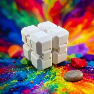 Puede incluir: Un cubo fidget geom&eacute;trico blanco de m&uacute;ltiples segmentos compuesto por ocho bloques m&aacute;s peque&ntilde;os conectados. El objeto presenta un acabado mate con bordes biselados en cada segmento individual, lo que permite un movimiento flexible y su reconfiguraci&oacute;n.