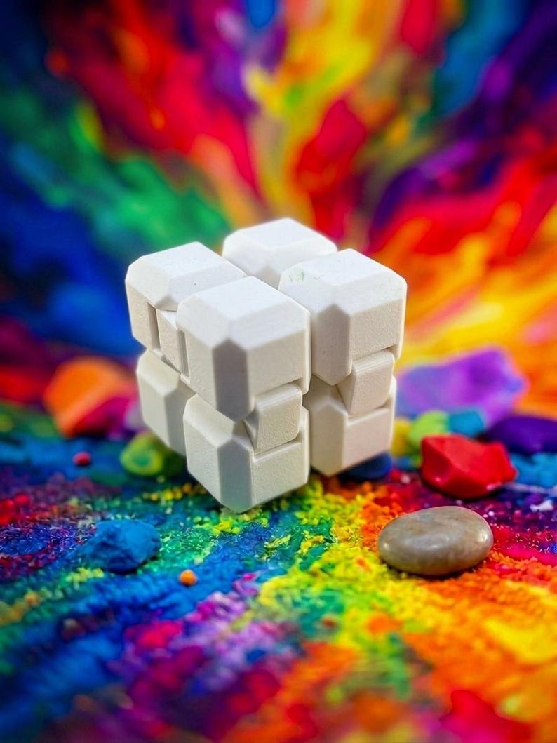 Puede incluir: Un cubo fidget geom&eacute;trico blanco de m&uacute;ltiples segmentos compuesto por ocho bloques m&aacute;s peque&ntilde;os conectados. El objeto presenta un acabado mate con bordes biselados en cada segmento individual, lo que permite un movimiento flexible y su reconfiguraci&oacute;n.