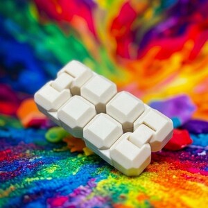 Puede incluir: Un juguete antiestr&eacute;s blanco compuesto por m&uacute;ltiples segmentos c&uacute;bicos facetados e interconectados. El objeto presenta un dise&ntilde;o geom&eacute;trico articulado con superficies lisas y bordes redondeados, lo que permite que las piezas individuales giren y se plieguen.