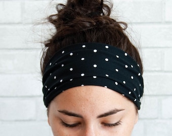 No Slip Super Soft Wide Twist Sweat Headband Black Polka Dots