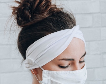 White Button Headband: Handmade Twist Style, Mask Comfort