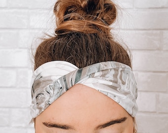 Soft Versatile No Slip Wide Twist Headband Grey Marble Swirl