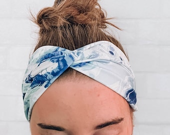 Soft Versatile No Slip Wide Twist Headband Blue Watercolor Print