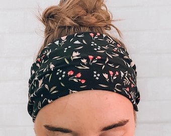 No Slip Super Soft Sweat Headband Black Floral Print