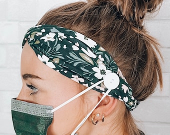 Ear Saver Button Headband Grey Floral Soft Nurse Healthcare Hairband