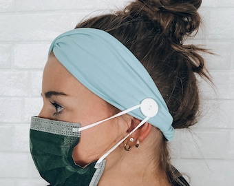 Blue Button Headband: Handmade Comfort Mask Accessory