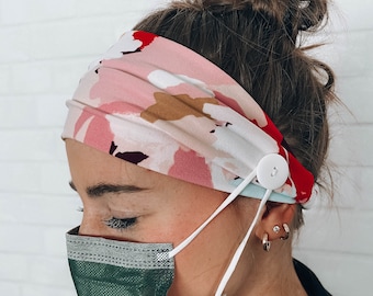 BUTTON HEADBAND: Soft Pink and Purple Headband with Buttons Attached, Healthcare Comfort Sweat Absorbent Headband for Face Mask
