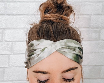 Soft No Slip Wide Twist Green Tie Dye Headband