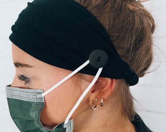 BLACK BUTTON HEADBAND: Healthcare Face Mask Button Headband