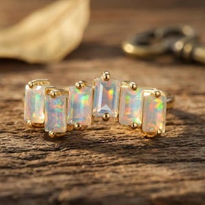 Baguette Opal Ring, Rainbow Fire Opal Band, Gold Stackable Ring, Minimalist Wedding Band, Unique Opal Jewelry Gift for Her Anniversary Gift