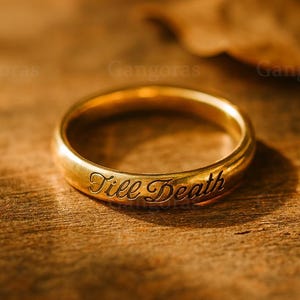 May include: A gold ring engraved with the words "Till Death". The ring sits on a wooden surface, with a blurred background featuring a dried leaf. The ring is a symbol of enduring commitment and love.