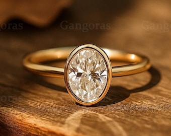 Vintage Bezel Set Oval Cut Moissanite Diamond Engagement Ring 14K Solid Gold Classic Solitaire Wedding Ring Perfect Gift Ring For Her