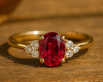 14k Solid Gold Ruby Engagement Ring Oval Cut Ruby Promise Ring CZ Diamond Ruby Ring July Birthstone Ring 18k Lab Ruby Jewelry Gift For Lover