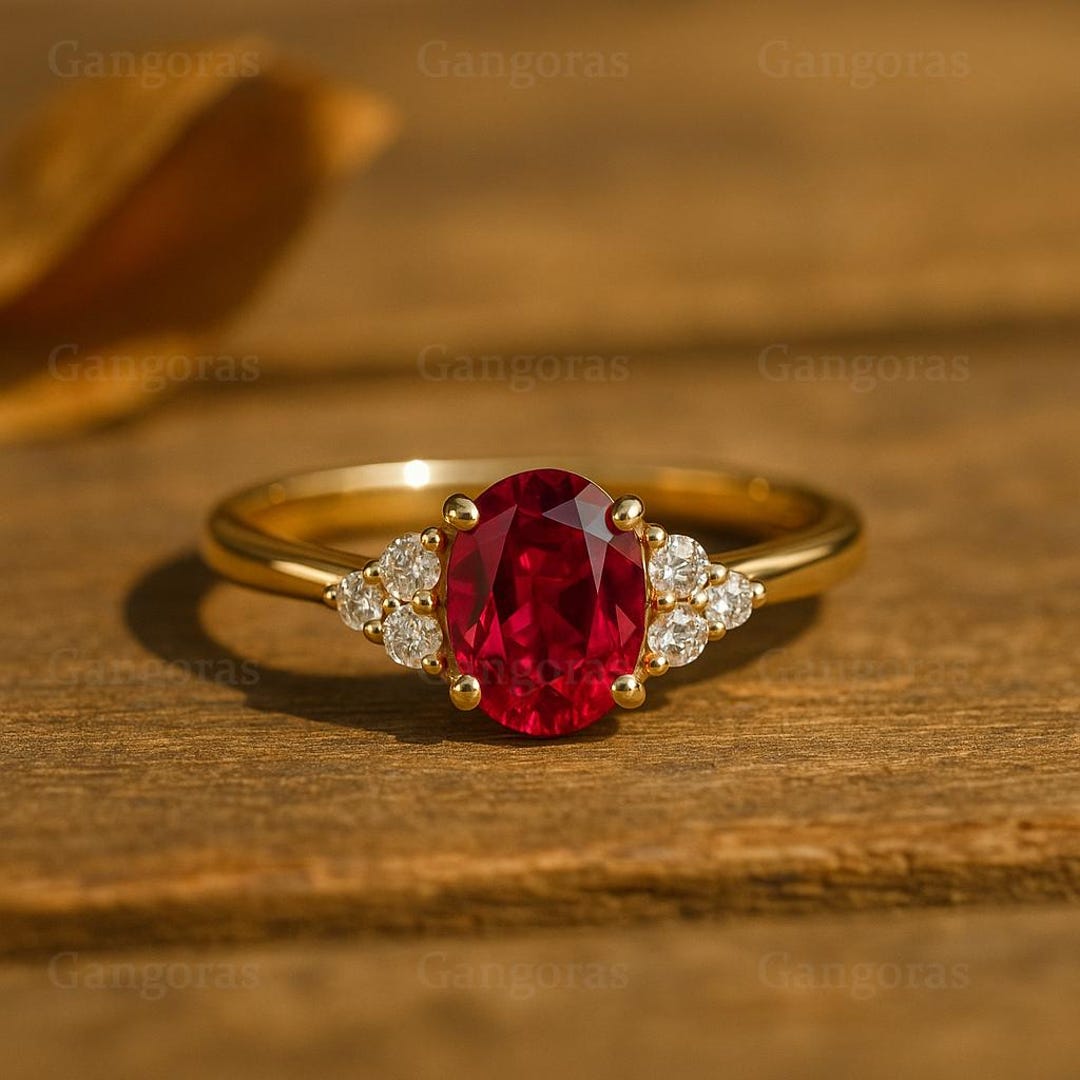 14k Solid Gold Ruby Engagement Ring Oval Cut Ruby Promise Ring CZ ...