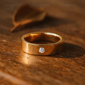 Jonc en or jaune 14 carats avec diamants, bague unisexe en or massif avec un seul diamant pour mariage, fiançailles, anniversaire, cadeau unique, bijoux art déco