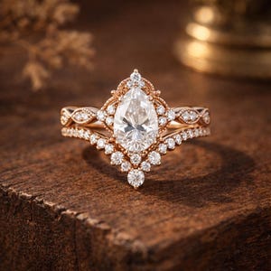Könnte beinhalten: Ein Verlobungsring-Set aus Roségold mit einem birnenförmigen Diamanten als Mittelstein. Der Ring ist mit kleineren Diamanten und aufwendigen Details verziert. Das Set enthält ein passendes Band, das einen zusammenhängenden und eleganten Look erzeugt.