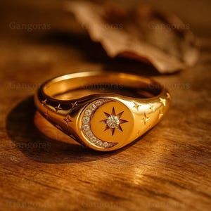 Moissanite Moon and Star Ring, Gold Vermeil Sterling Silver Band, Engraved Signet Ring, Art Deco Bridal Wedding Jewelry