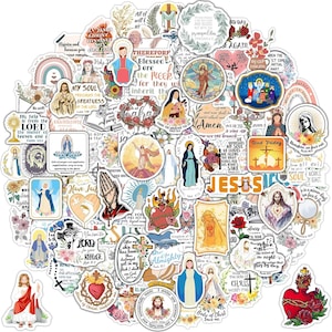 May include: A collection of religious-themed stickers featuring images of Jesus, Mary, crosses, and inspirational quotes. The stickers are colorful and diverse in design, suitable for various crafting projects or personal use.