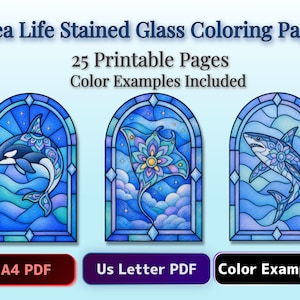 May include: Sea Life Stained Glass Coloring Pages with 25 printable pages and color examples included. The image displays three arched stained glass designs featuring an orca, a manta ray, and a shark, all rendered in shades of blue and purple.