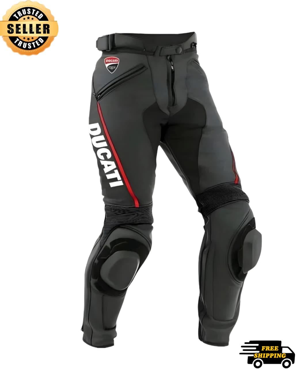 Ducati Men's Leather Motorcycle Racing Pants | CE Knee Protection