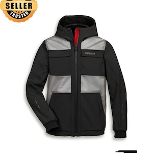 May include: Black and gray motorcycle jacket with a hood and red interior lining. The jacket features the brand name "Ducati" and has reflective gray panels. The jacket has a zipper closure and two front pockets.