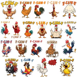 Op de afbeelding: Een verzameling cartoonkippen in verschillende poses en uitdrukkingen, met tekstballonnen en de tekst "F-CAW-F" en "F-CLUCK-F". De kippen zijn in verschillende kleuren en stijlen, sommige met accessoires.