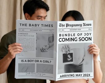 Baby Announcement Newspaper: Custom Pregnancy Reveal Template Baby Coming Soon Gender Reveal Printable Baby Times Prop