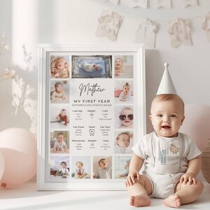 Baby Meilenstein Poster Foto Collage Vorlage: 1. Geburtstag Junge Beere Erster Geburtstag Grußkarte Sofort Download
