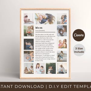 Puede incluir: Un marco con un marco de madera clara. La impresión presenta un collage de fotos familiares que rodean la palabra "Mom" y una definición. El logotipo de Canva y el texto "3 Size Include" también son visibles.