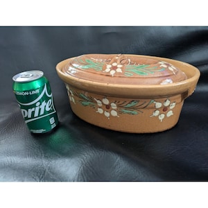 Puede incluir: Una fuente ovalada de cerámica con tapa, de color marrón. El plato está decorado con diseños florales blancos y rojos y hojas verdes. Una lata verde y blanca de Sprite está al lado del plato.