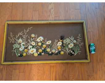 1970 Crewel Embroidery Wall Art Framed Daisies Butterfly Floral Large 43 x 23