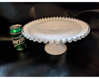 Fenton Silver Crest Milk Glass Cake Stand Spanish Lace Ruffled 10 inch Pedestal