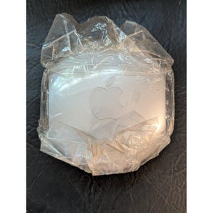 May include: A silver-colored Apple Magic Mouse encased in a clear, crinkled plastic protective film. The device features a smooth, rounded rectangular shape with the iconic Apple logo centered on the top surface, visible through the transparent wrap.